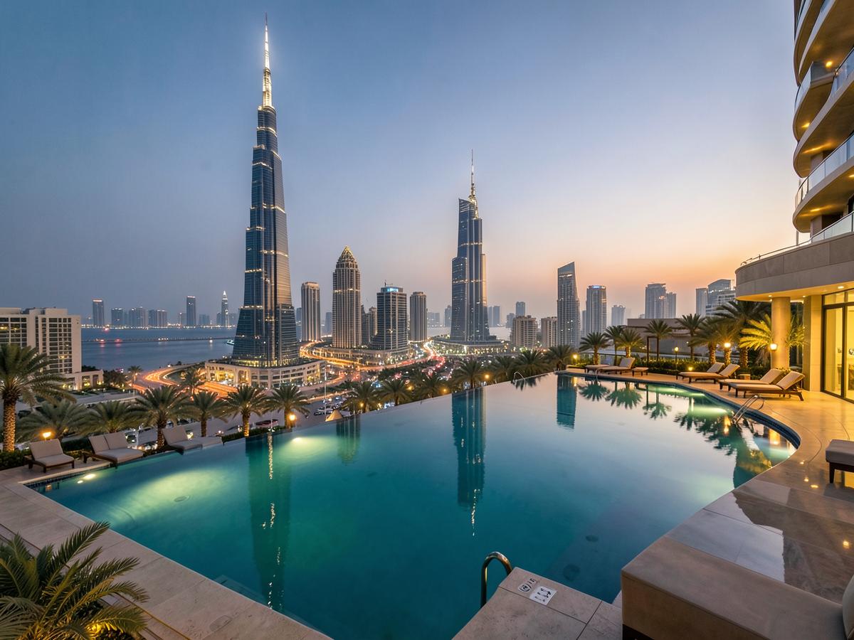 Luxury hotel pool overlooking a Gulf city skyline at dusk