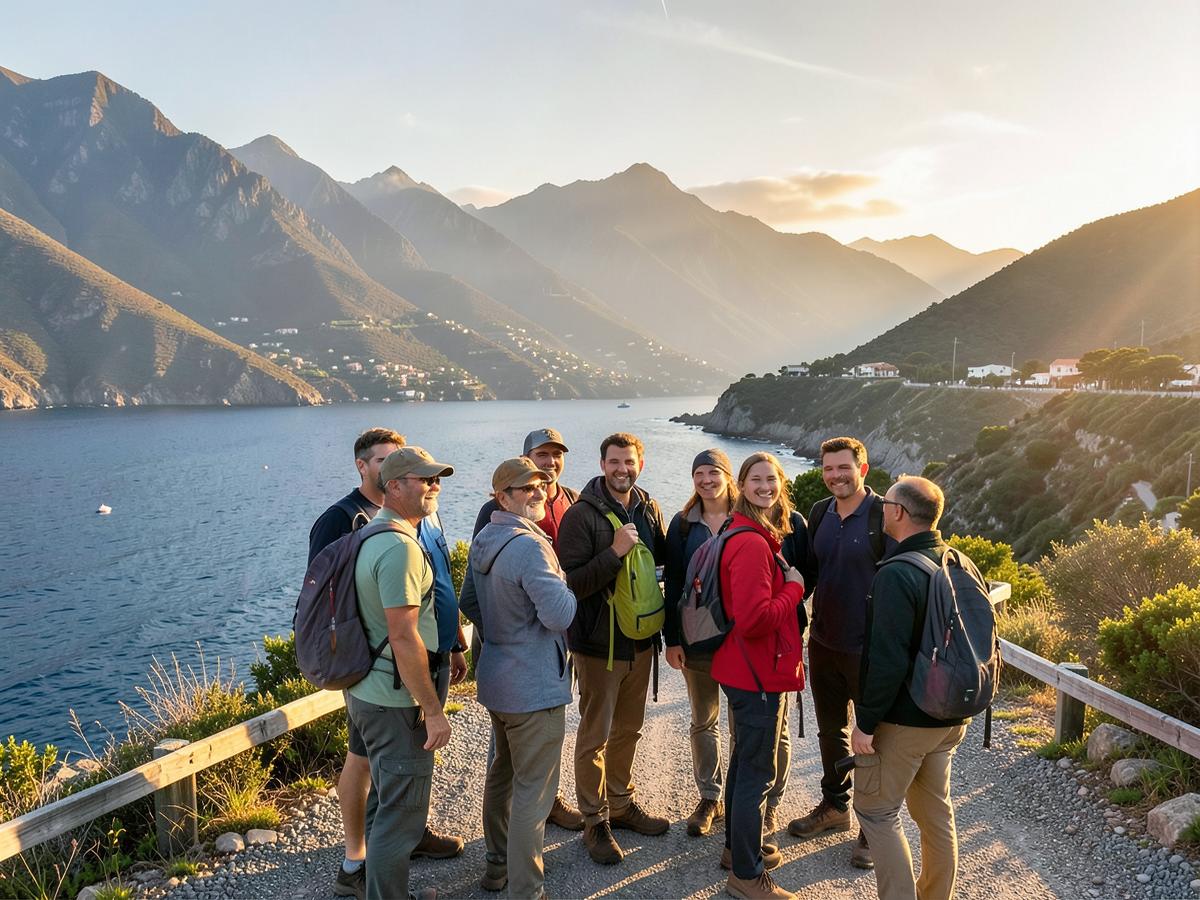 Group of travellers on a guided coastal tour